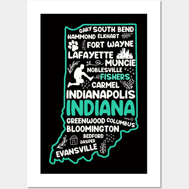 Fishers Indiana cute map Evansville, Carmel, Bloomington, Hammond, Gary, Lafayette Wall Art by BoogieCreates